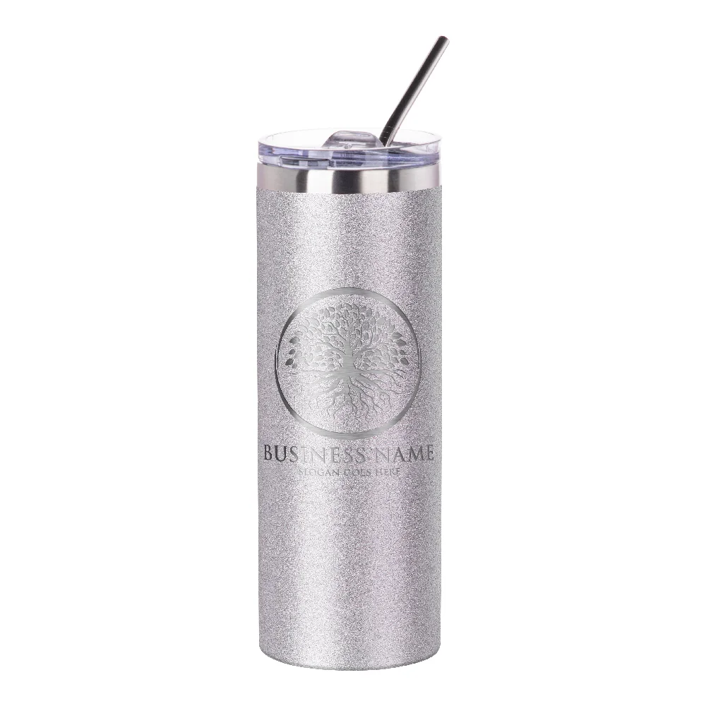 20oz Stainless Steel Glitter Skinny Tumbler with Straw (Glitter Silver) thumbnail 3