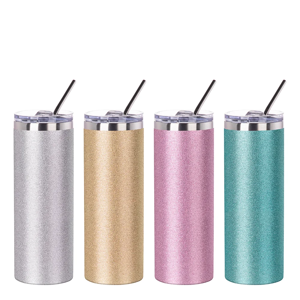 20oz Stainless Steel Glitter Skinny Tumbler with Straw (Glitter Silver) thumbnail 4