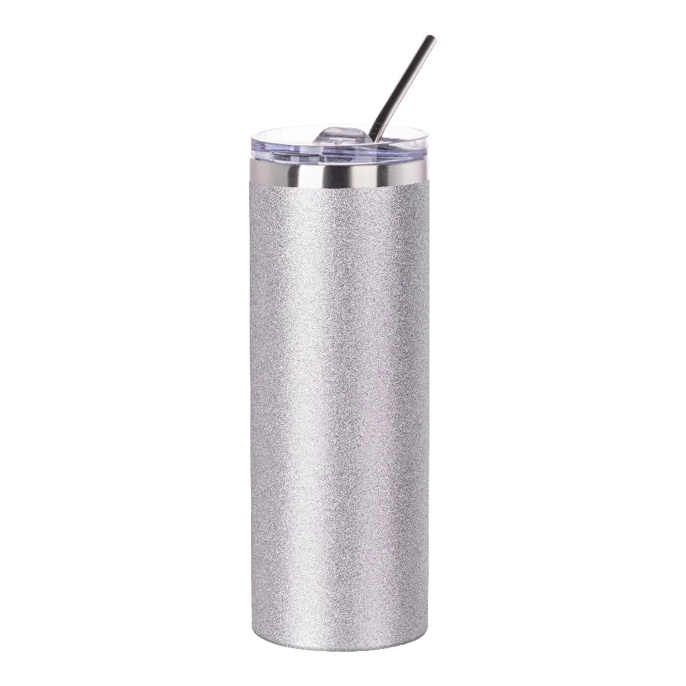20oz Stainless Steel Glitter Skinny Tumbler with Straw (Glitter Silver) thumbnail 1
