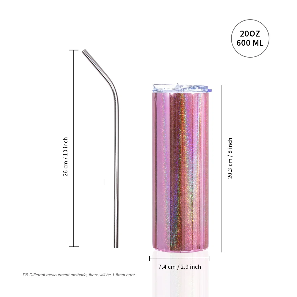 20OZ 600ml Stainless Steel Sublimation Metallic Plated Glitter Skinny Tumbler (Pink) thumbnail 5