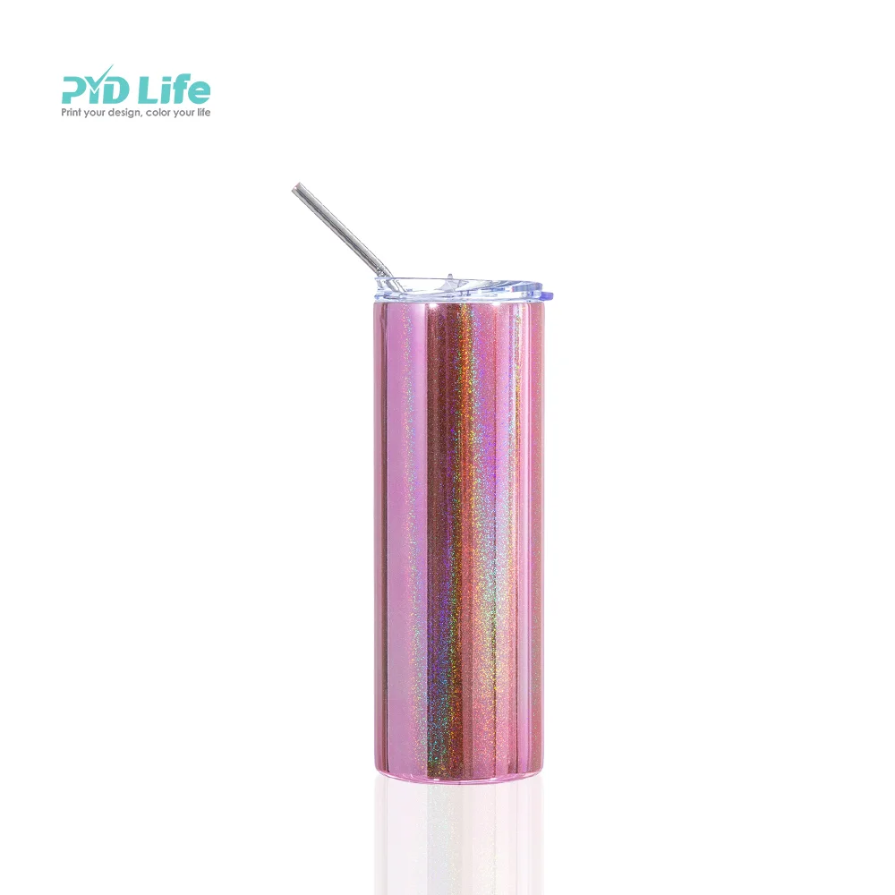 20OZ 600ml Stainless Steel Sublimation Metallic Plated Glitter Skinny Tumbler (Pink) thumbnail 1