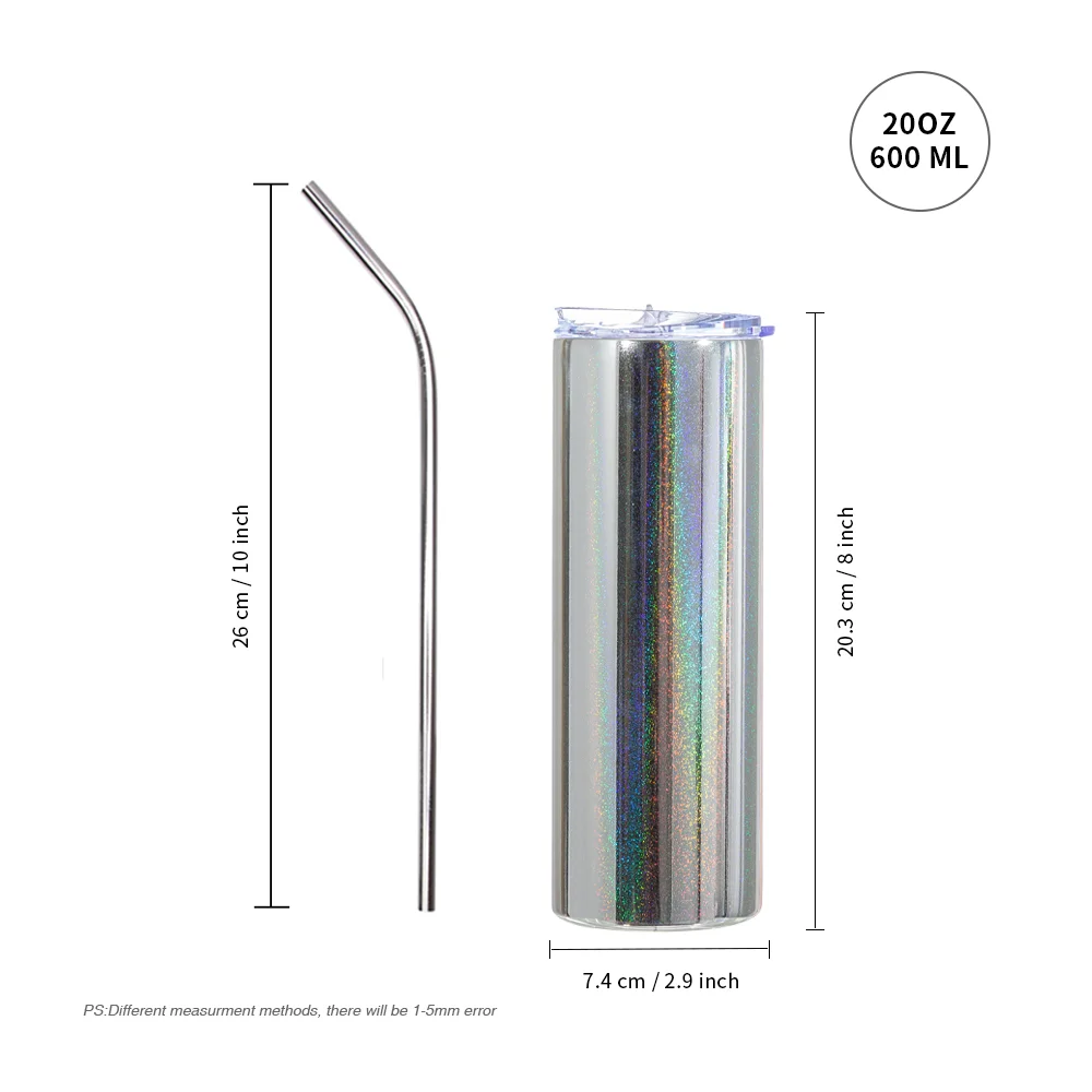 20OZ 600ml Stainless Steel Sublimation Metallic Plated Glitter Skinny Tumbler (Silver) thumbnail 5