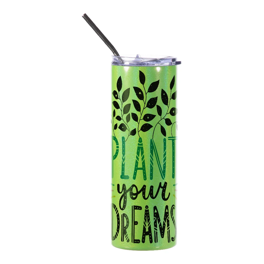 20oz Rainbow Glitter Skinny Tumbler with Straw (Green) thumbnail 2