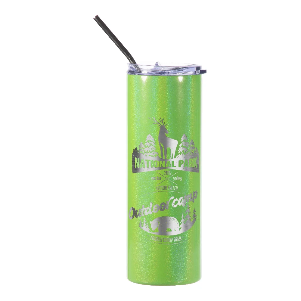 20oz Rainbow Glitter Skinny Tumbler with Straw (Green) thumbnail 3