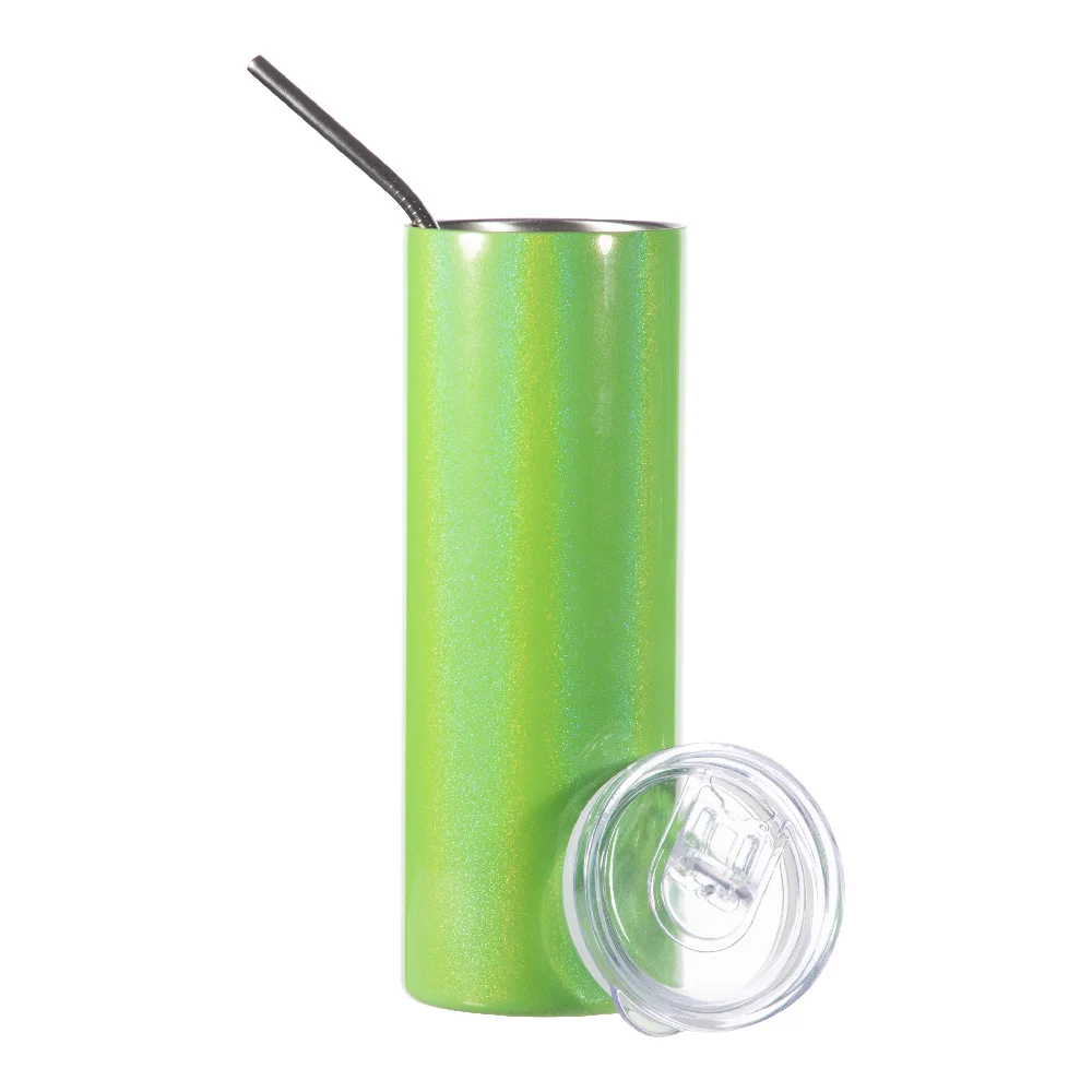 20oz Rainbow Glitter Skinny Tumbler with Straw (Green) thumbnail 4