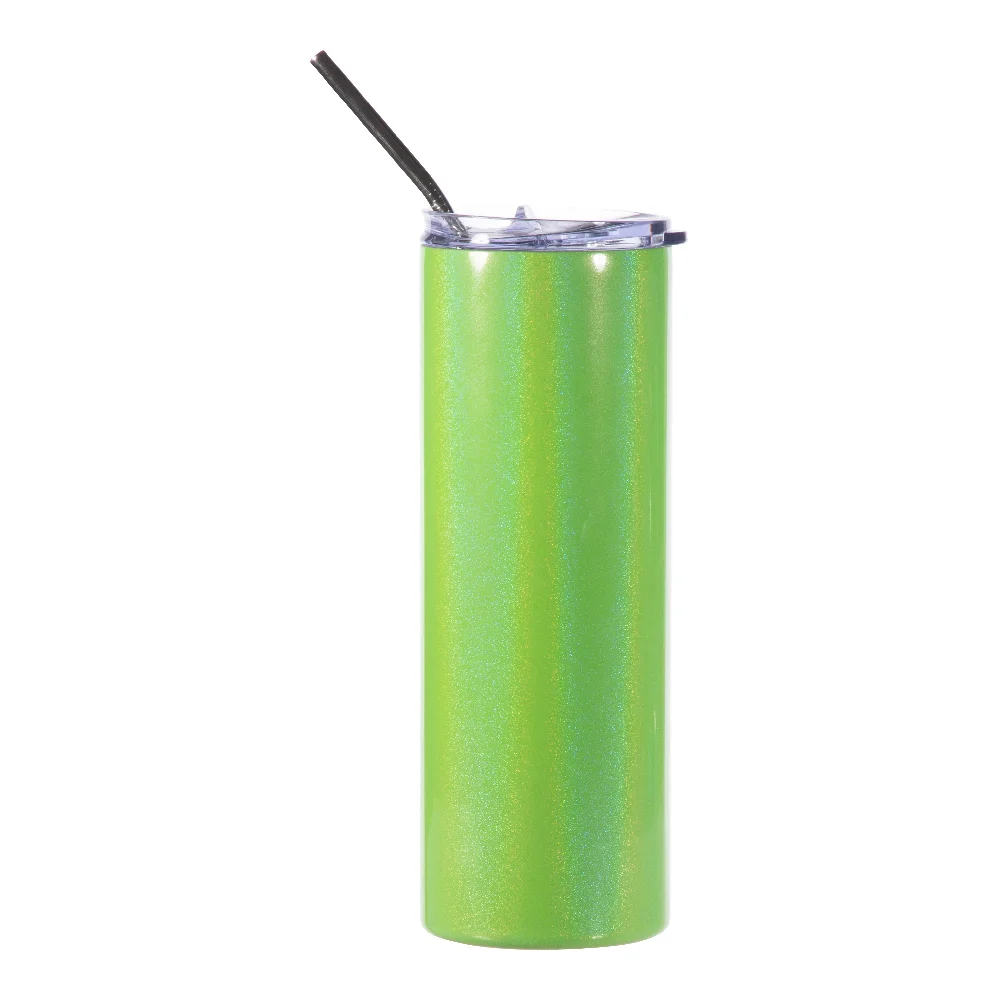 20oz Rainbow Glitter Skinny Tumbler with Straw (Green) thumbnail 1