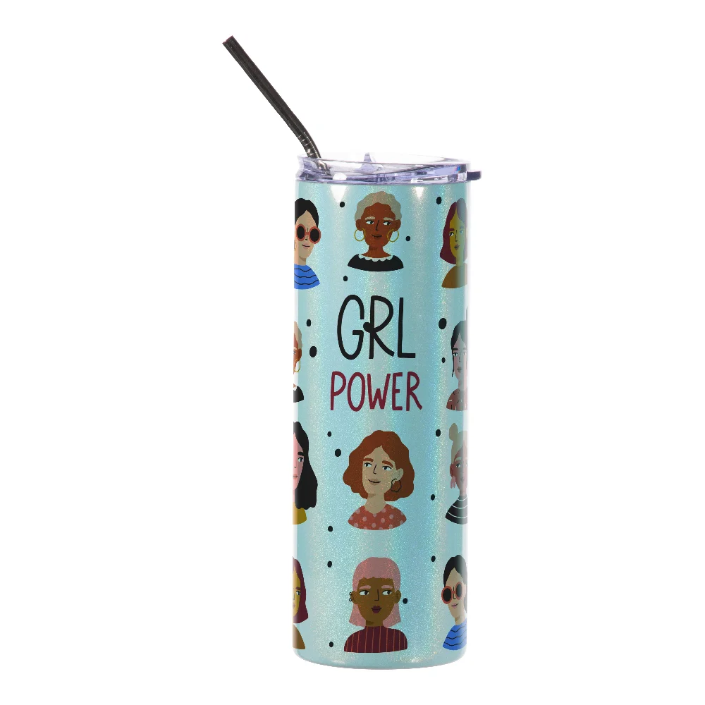 20oz Rainbow Glitter Skinny Tumbler with Straw (Light Blue) thumbnail 2