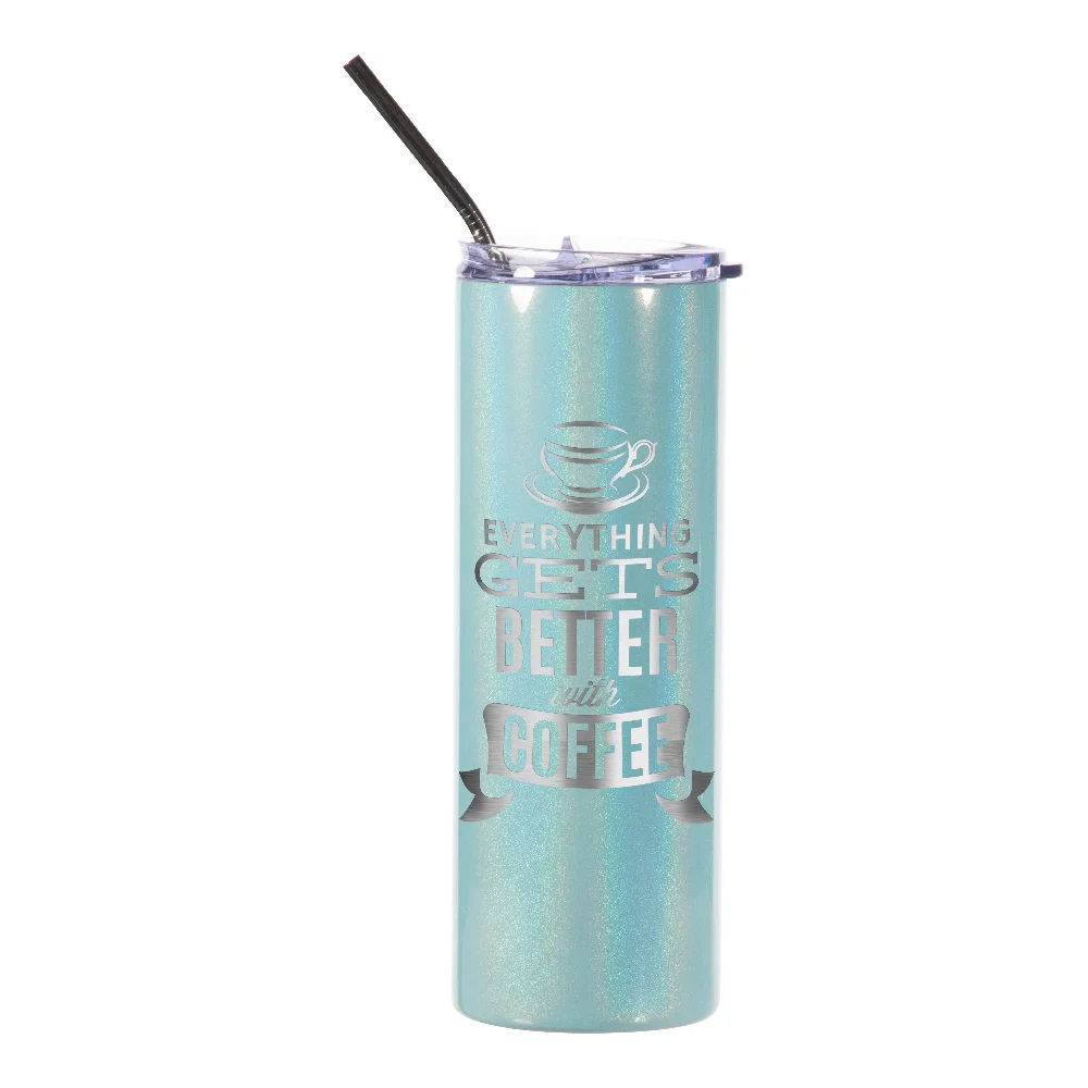20oz Rainbow Glitter Skinny Tumbler with Straw (Light Blue) thumbnail 3