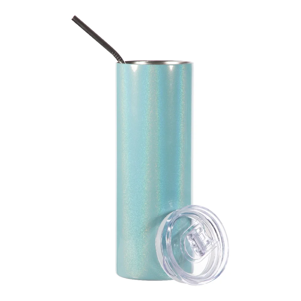 20oz Rainbow Glitter Skinny Tumbler with Straw (Light Blue) thumbnail 4