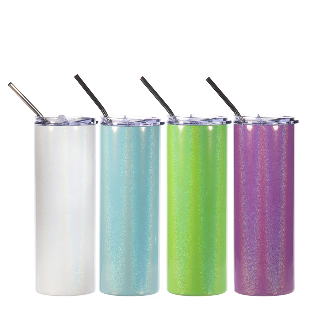 20oz Rainbow Glitter Skinny Tumbler with Straw (Light Blue) thumbnail 6