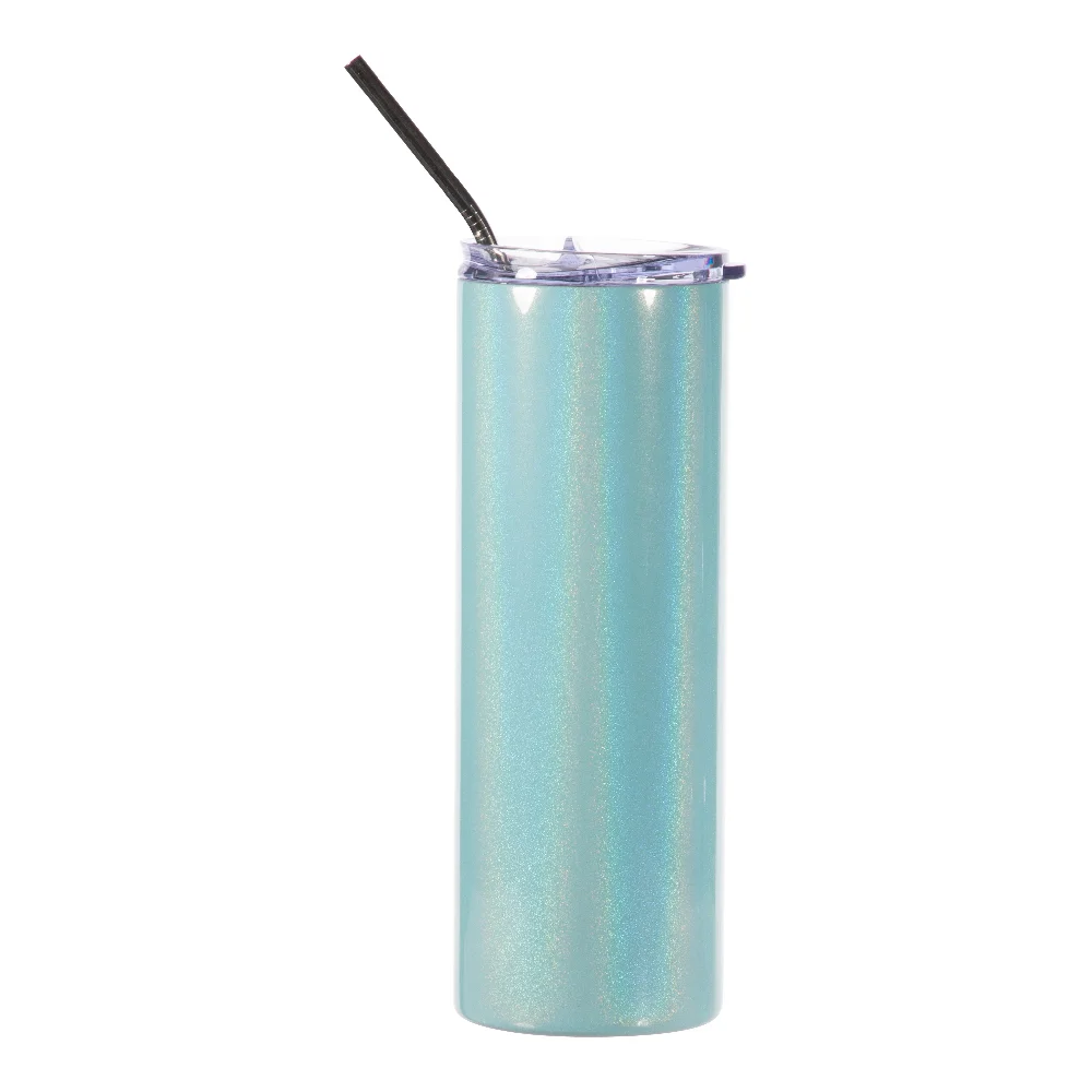 20oz Rainbow Glitter Skinny Tumbler with Straw (Light Blue) thumbnail 1
