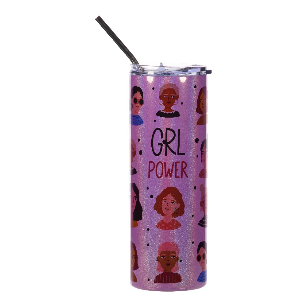 20oz Rainbow Glitter Skinny Tumbler with Straw (Purple) thumbnail 2