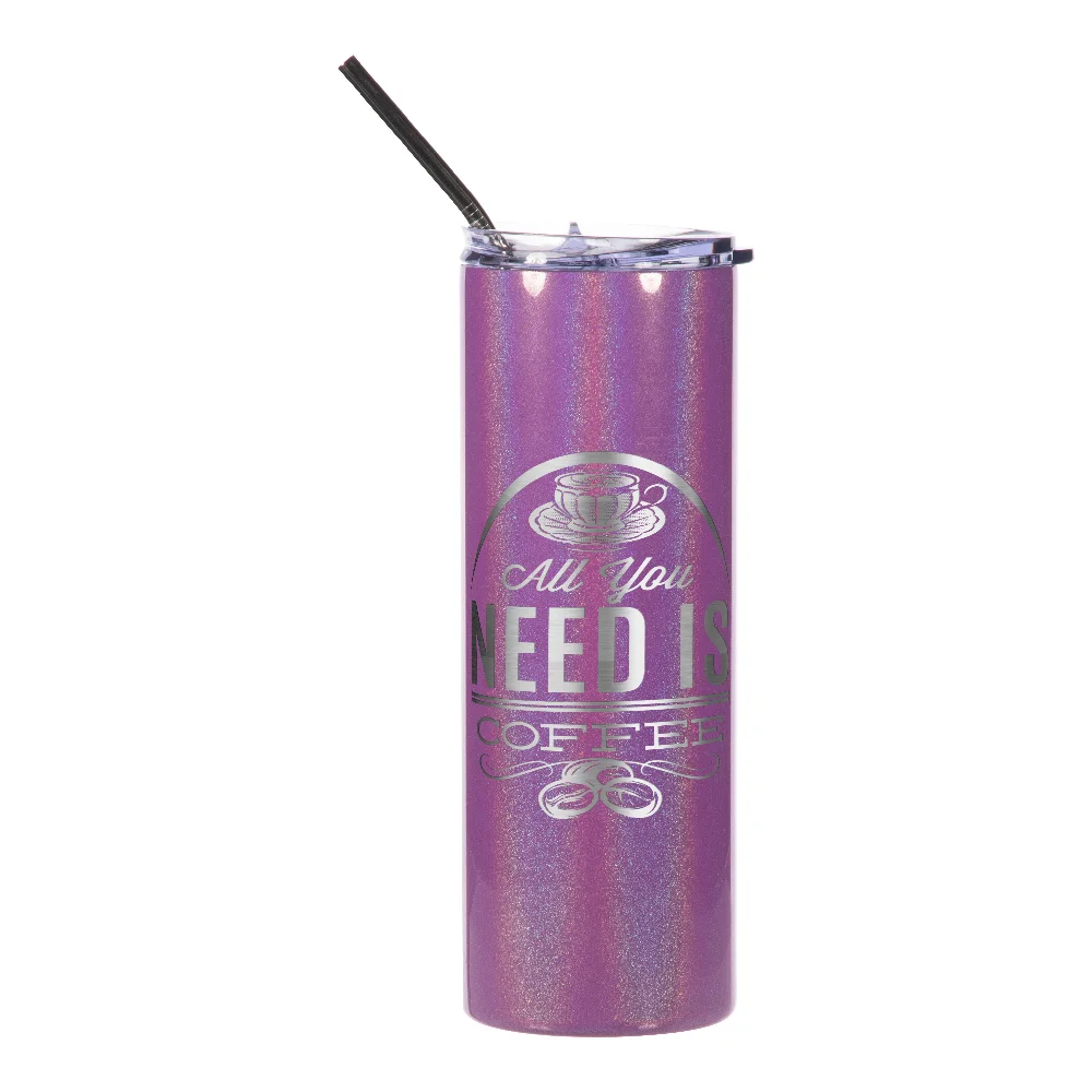 20oz Rainbow Glitter Skinny Tumbler with Straw (Purple) thumbnail 3