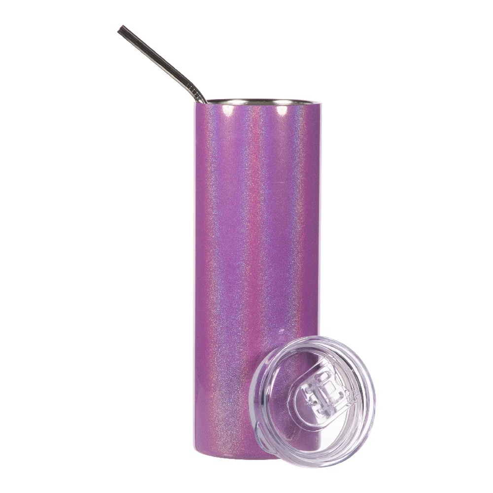 20oz Rainbow Glitter Skinny Tumbler with Straw (Purple) thumbnail 4