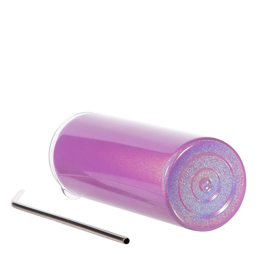 20oz Rainbow Glitter Skinny Tumbler with Straw (Purple) thumbnail 5
