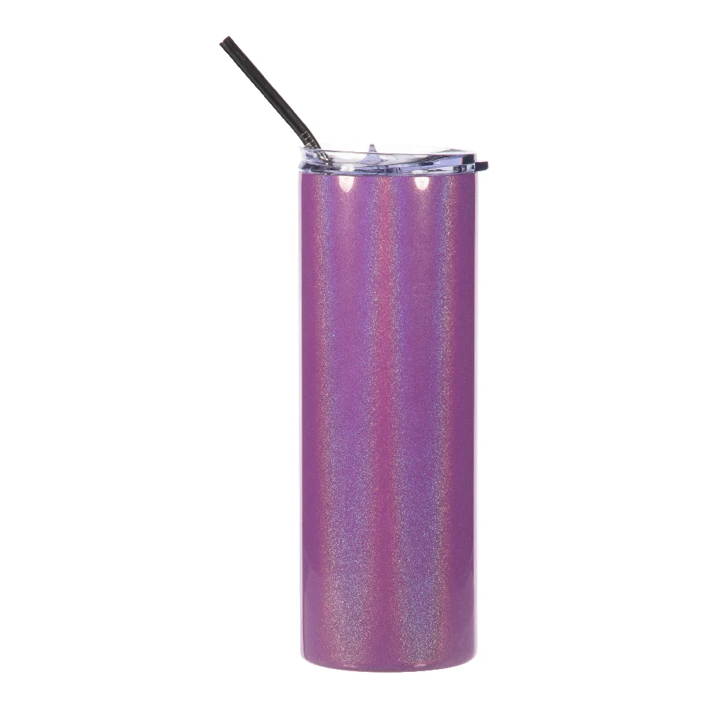 20oz Rainbow Glitter Skinny Tumbler with Straw (Purple) thumbnail 1
