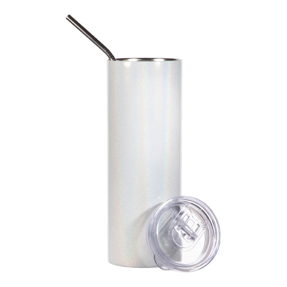 20oz Rainbow Glitter Skinny Tumbler with Straw (White) thumbnail 4