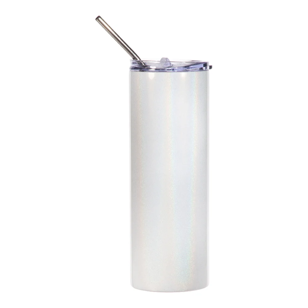 20oz Rainbow Glitter Skinny Tumbler with Straw (White) thumbnail 1