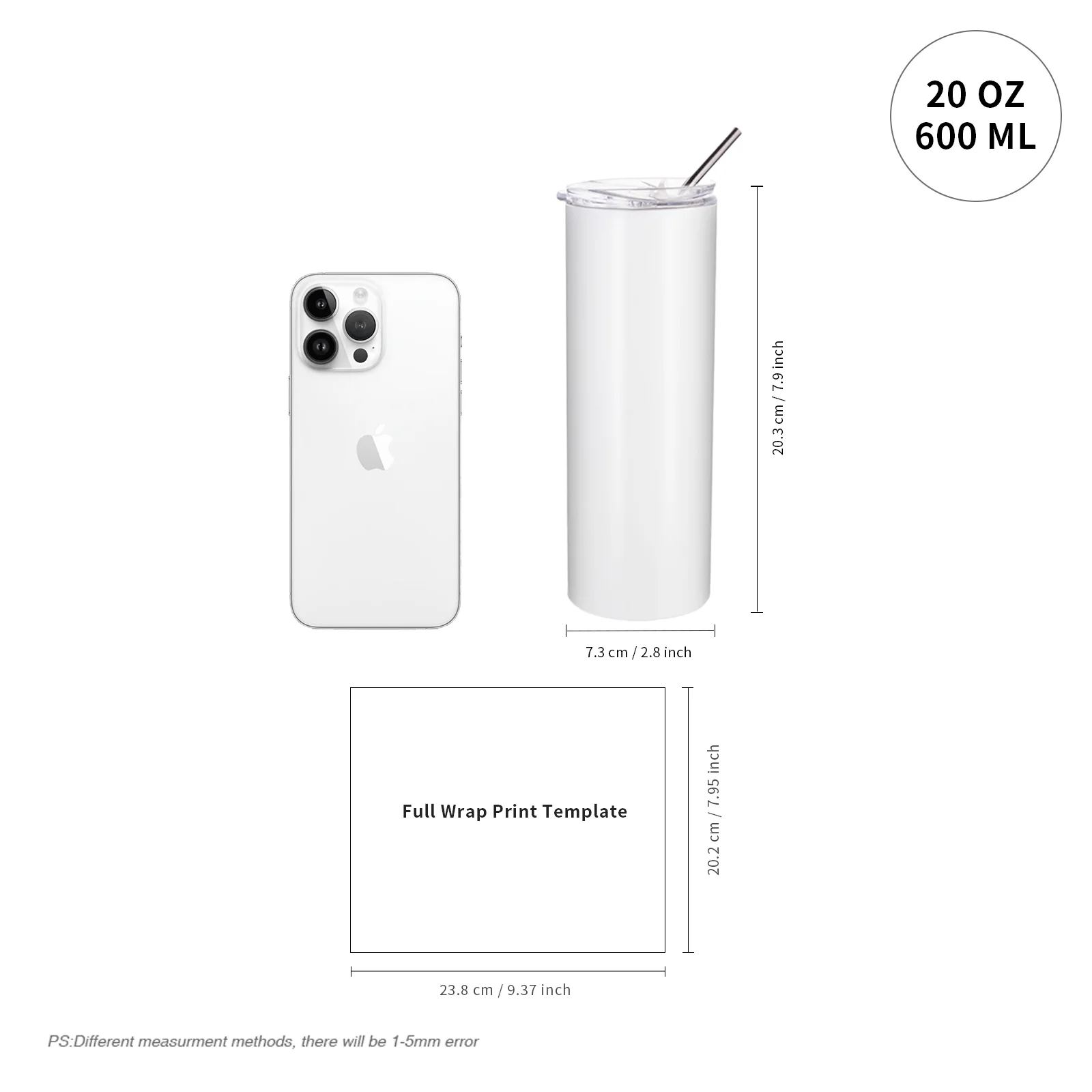 20OZ 600ml Stainless Steel Sublimation Skinny Tumbler with Straw (Glossy White) thumbnail 3
