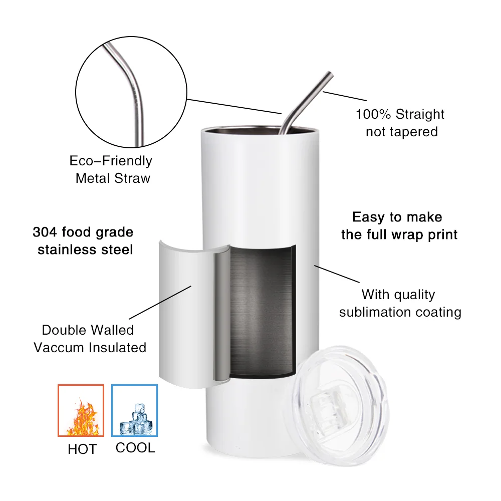 20OZ 600ml Stainless Steel Sublimation Skinny Tumbler with Straw (Glossy White) thumbnail 7