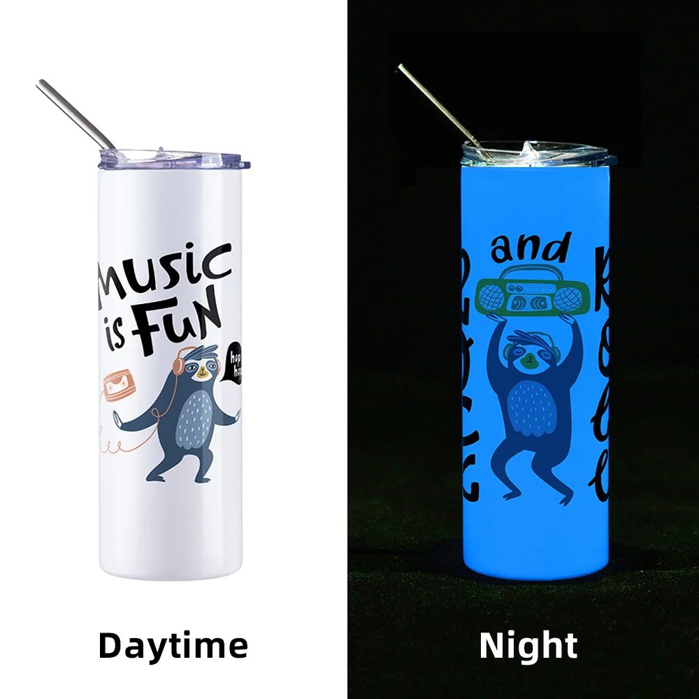 Luminous Skinny Tumbler with Straw (20oz/600ml,White-Blue) thumbnail 2
