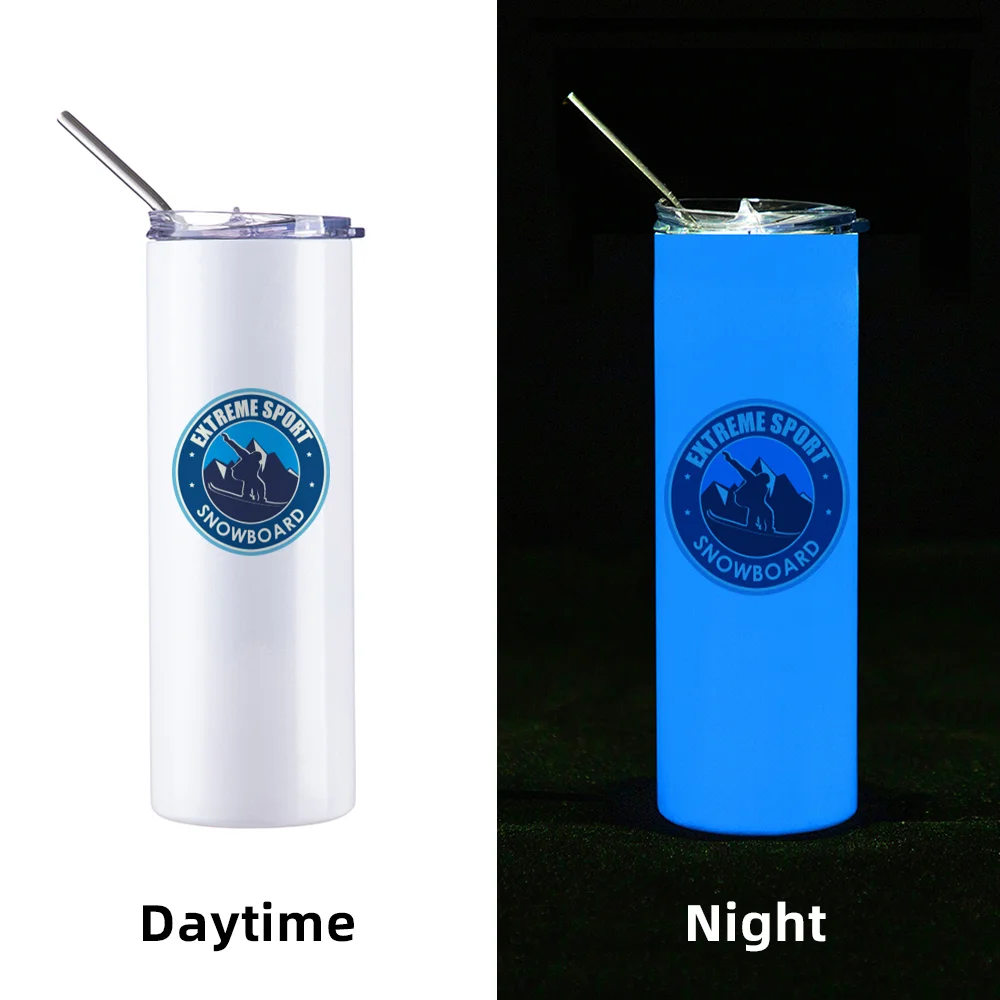 Luminous Skinny Tumbler with Straw (20oz/600ml,White-Blue) thumbnail 3