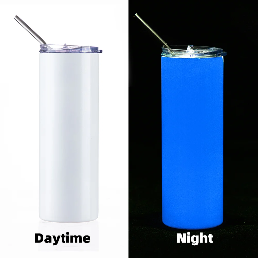 Luminous Skinny Tumbler with Straw (20oz/600ml,White-Blue) thumbnail 1