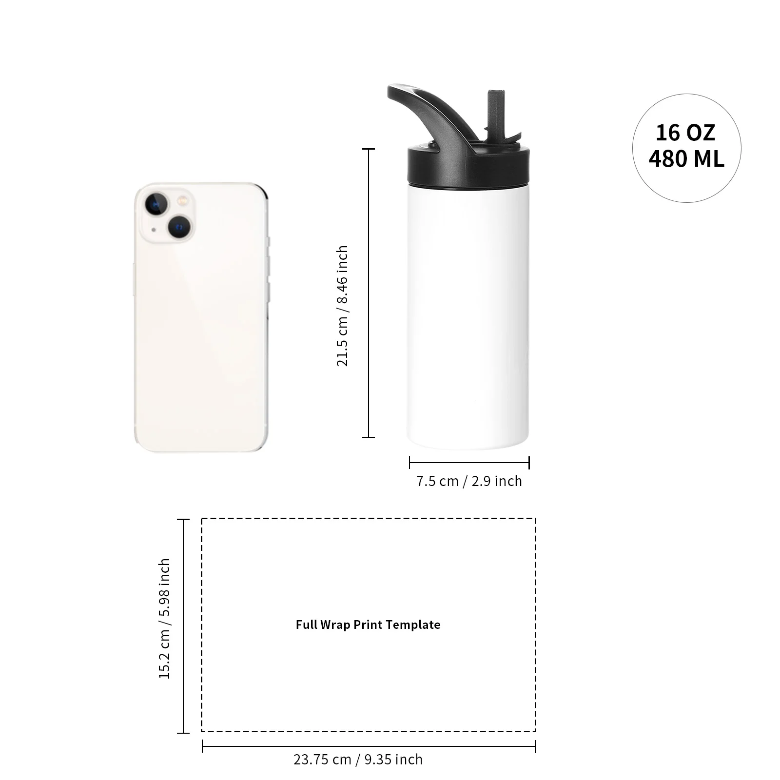 16OZ 480ml Stainless Steel Sublimation Skinny Tumbler with Portable Straw Lid (White) thumbnail 3