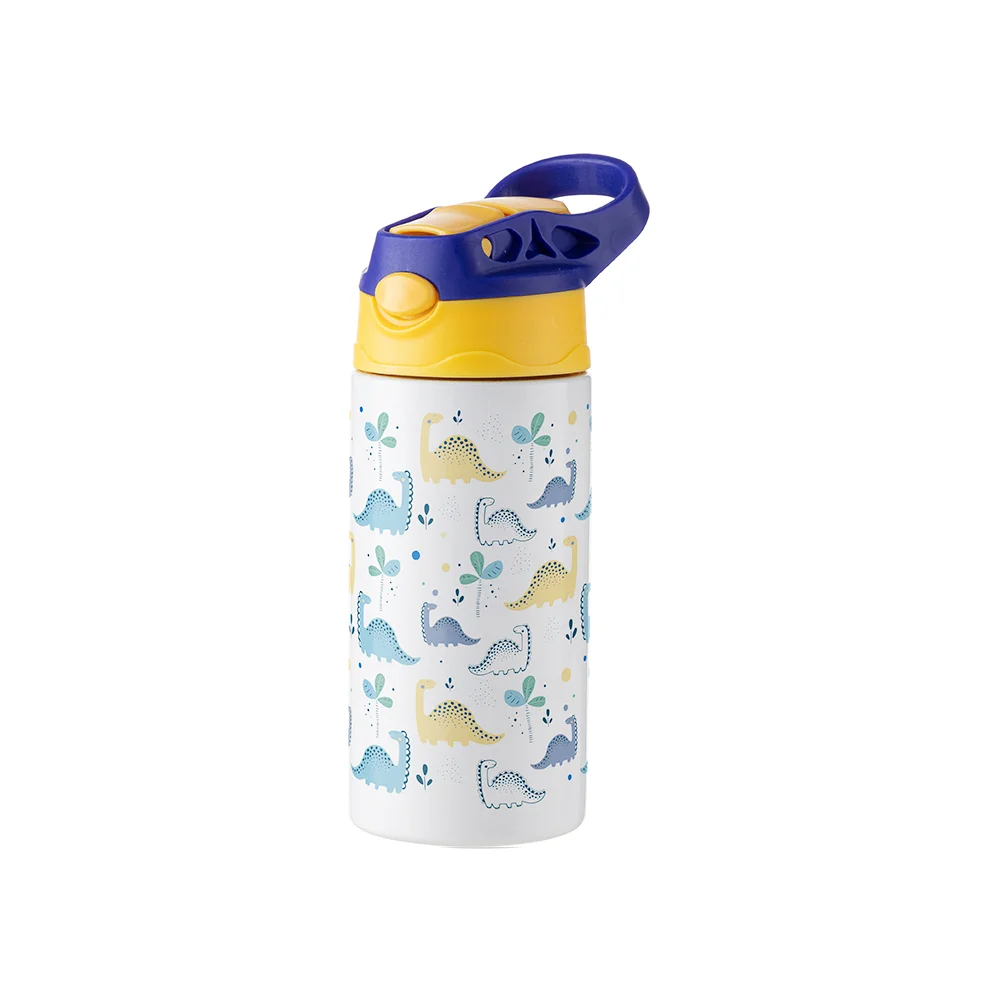 12OZ 360ml Kids Stainless Steel Bottle With Silicon Straw & Blue Cap(White) thumbnail 2