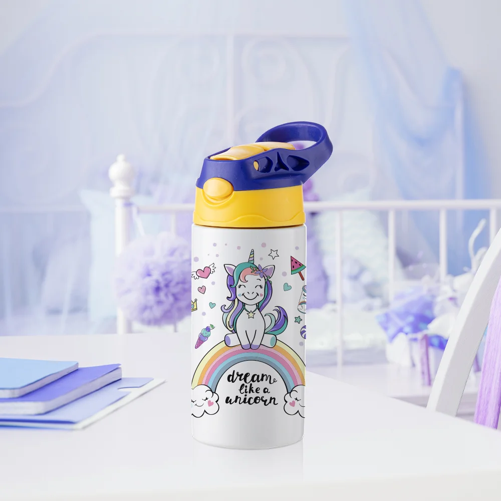 12OZ 360ml Kids Stainless Steel Bottle With Silicon Straw & Blue Cap(White) thumbnail 6