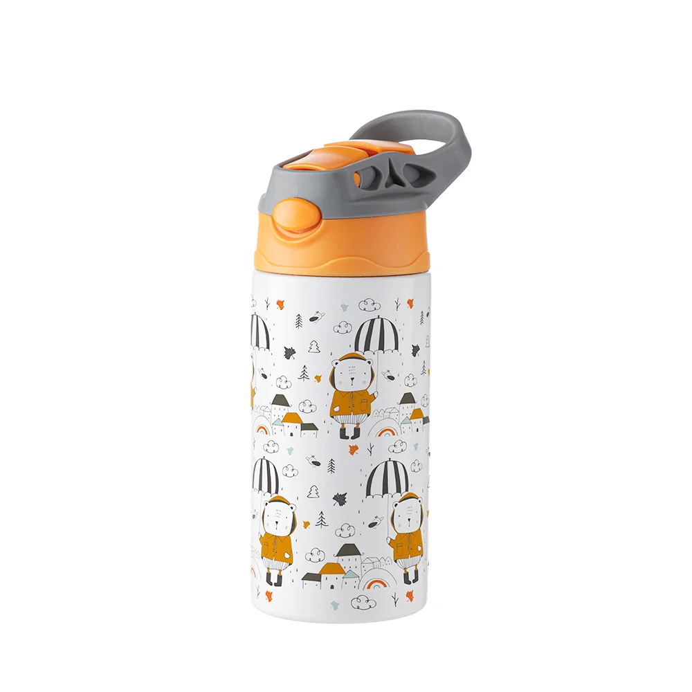 12OZ 360ml Kids Stainless Steel Bottle With Silicon Straw & Orange Cap(White)