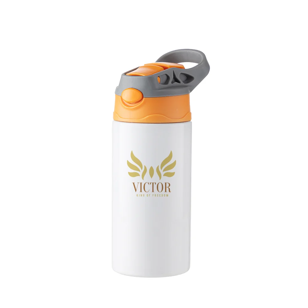 12OZ 360ml Kids Stainless Steel Bottle With Silicon Straw & Orange Cap(White) thumbnail 3