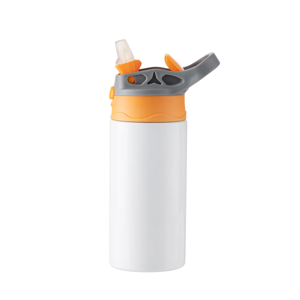12OZ 360ml Kids Stainless Steel Bottle With Silicon Straw & Orange Cap(White) thumbnail 5