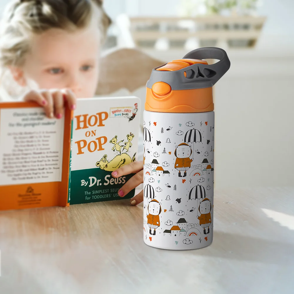 12OZ 360ml Kids Stainless Steel Bottle With Silicon Straw & Orange Cap(White) thumbnail 6