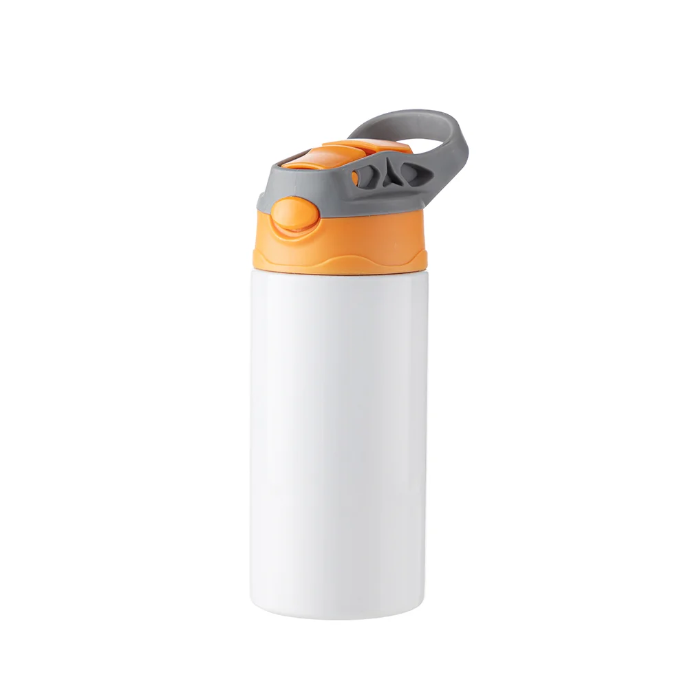 12OZ 360ml Kids Stainless Steel Bottle With Silicon Straw & Orange Cap(White)