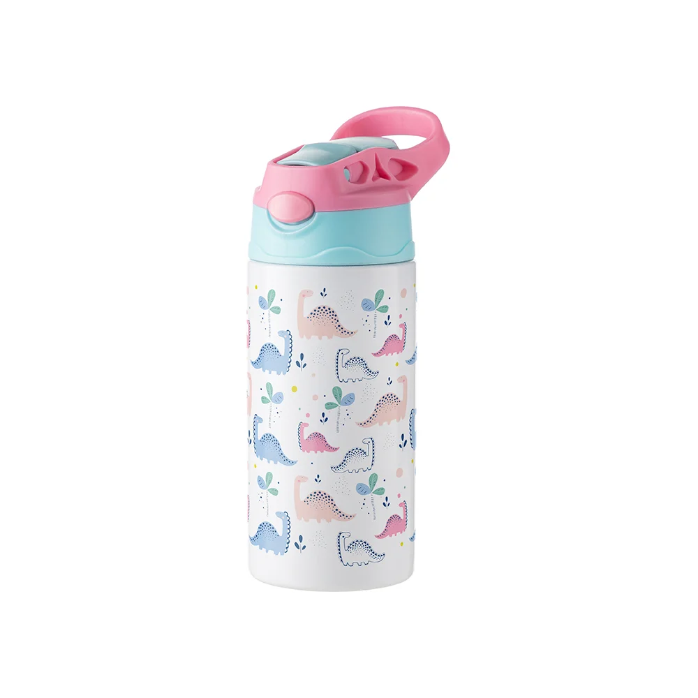 12OZ 360ml Kids Stainless Steel Bottle With Silicon Straw &Pink Cap(White)