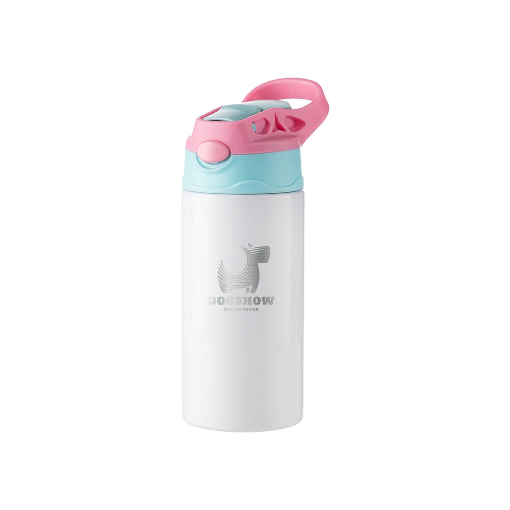 12OZ 360ml Kids Stainless Steel Bottle With Silicon Straw &Pink Cap(White) thumbnail 3