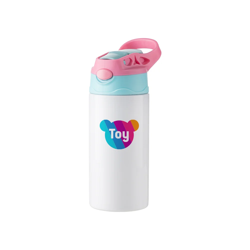 12OZ 360ml Kids Stainless Steel Bottle With Silicon Straw &Pink Cap(White) thumbnail 4