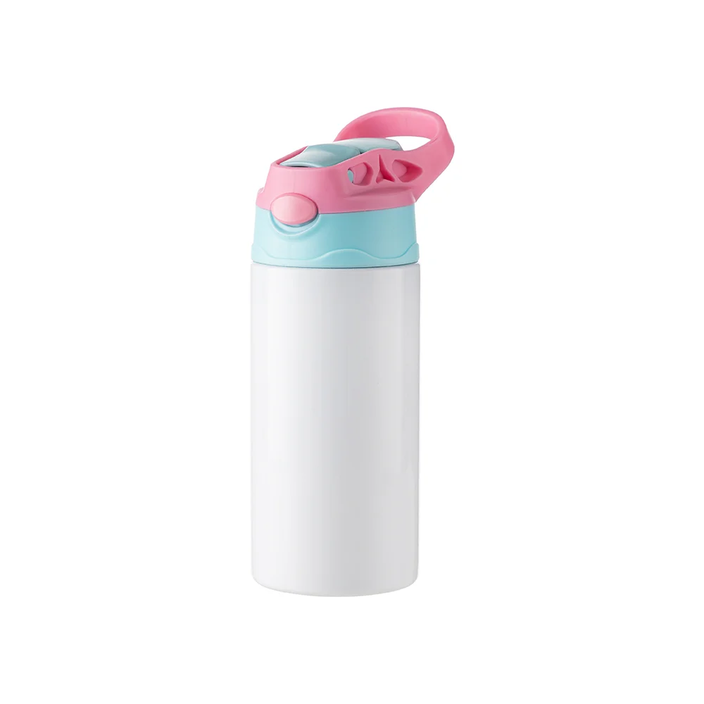 12OZ 360ml Kids Stainless Steel Bottle With Silicon Straw &Pink Cap(White)