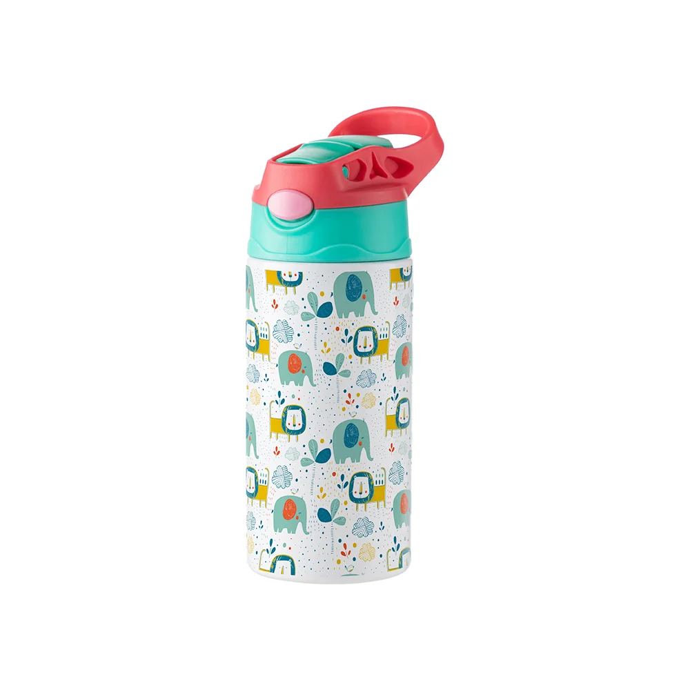 12OZ 360ml Kids Stainless Steel Bottle With Silicon Straw & Red Cap(White) thumbnail 2