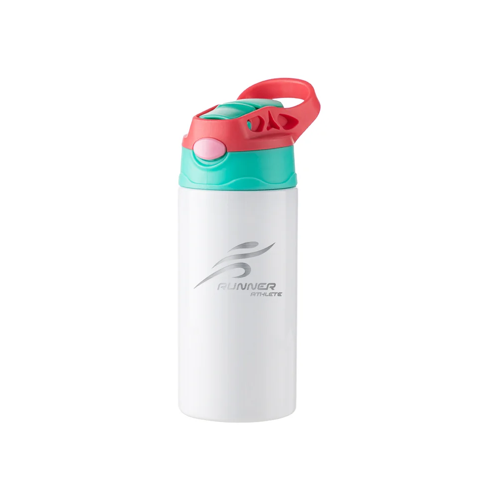 12OZ 360ml Kids Stainless Steel Bottle With Silicon Straw & Red Cap(White) thumbnail 3
