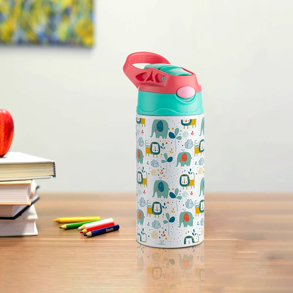 12OZ 360ml Kids Stainless Steel Bottle With Silicon Straw & Red Cap(White) thumbnail 6