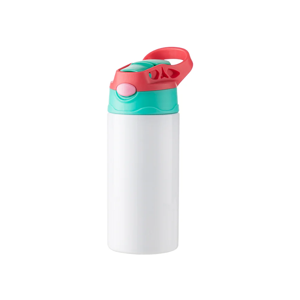 12OZ 360ml Kids Stainless Steel Bottle With Silicon Straw & Red Cap(White) thumbnail 1