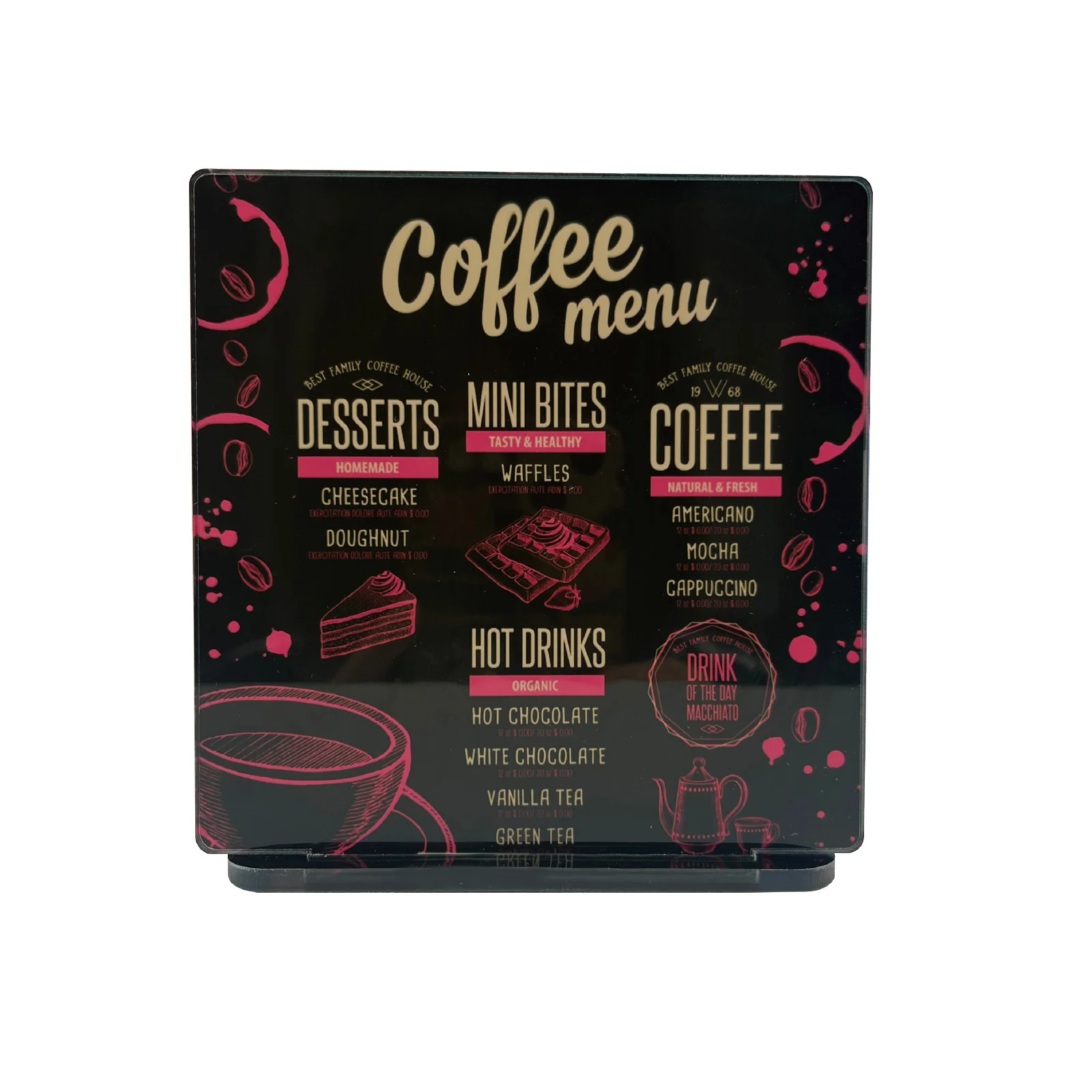 Sublimation Coffee Bar Signs Acrylic Cafe Table Decor with Stand (Square,12*13*0.4cm) thumbnail 2