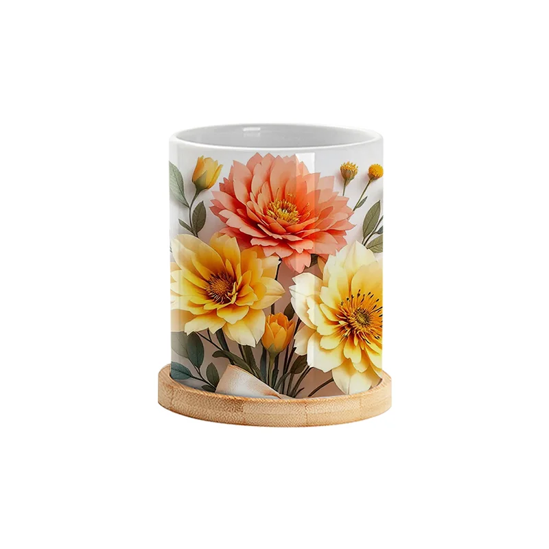11oz Sublimation Ceramic Garden Planter Pot with Bamboo Base
