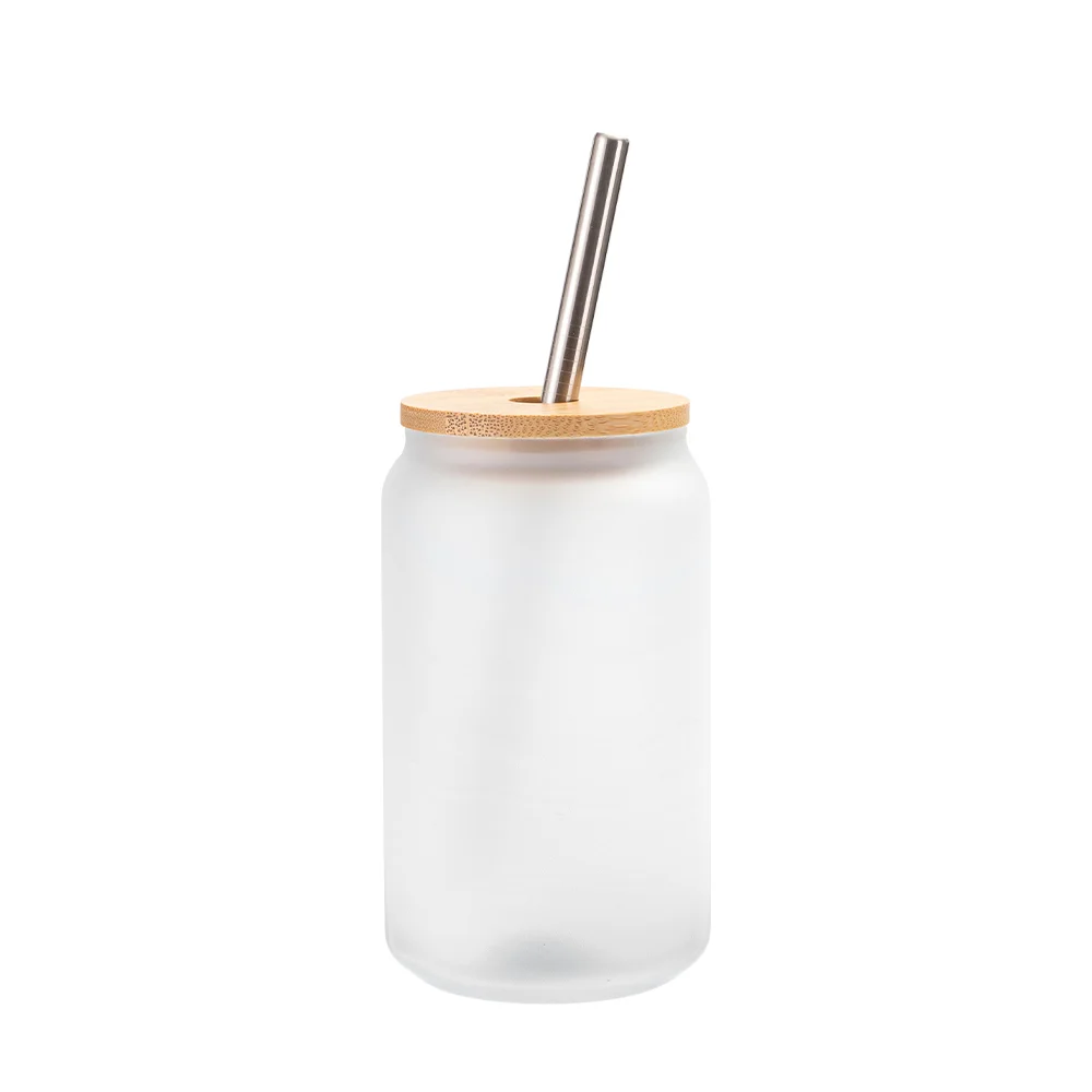 13oz/400ml Glass Mugs Frosted White with Bamboo lid & Metal Straw thumbnail 1