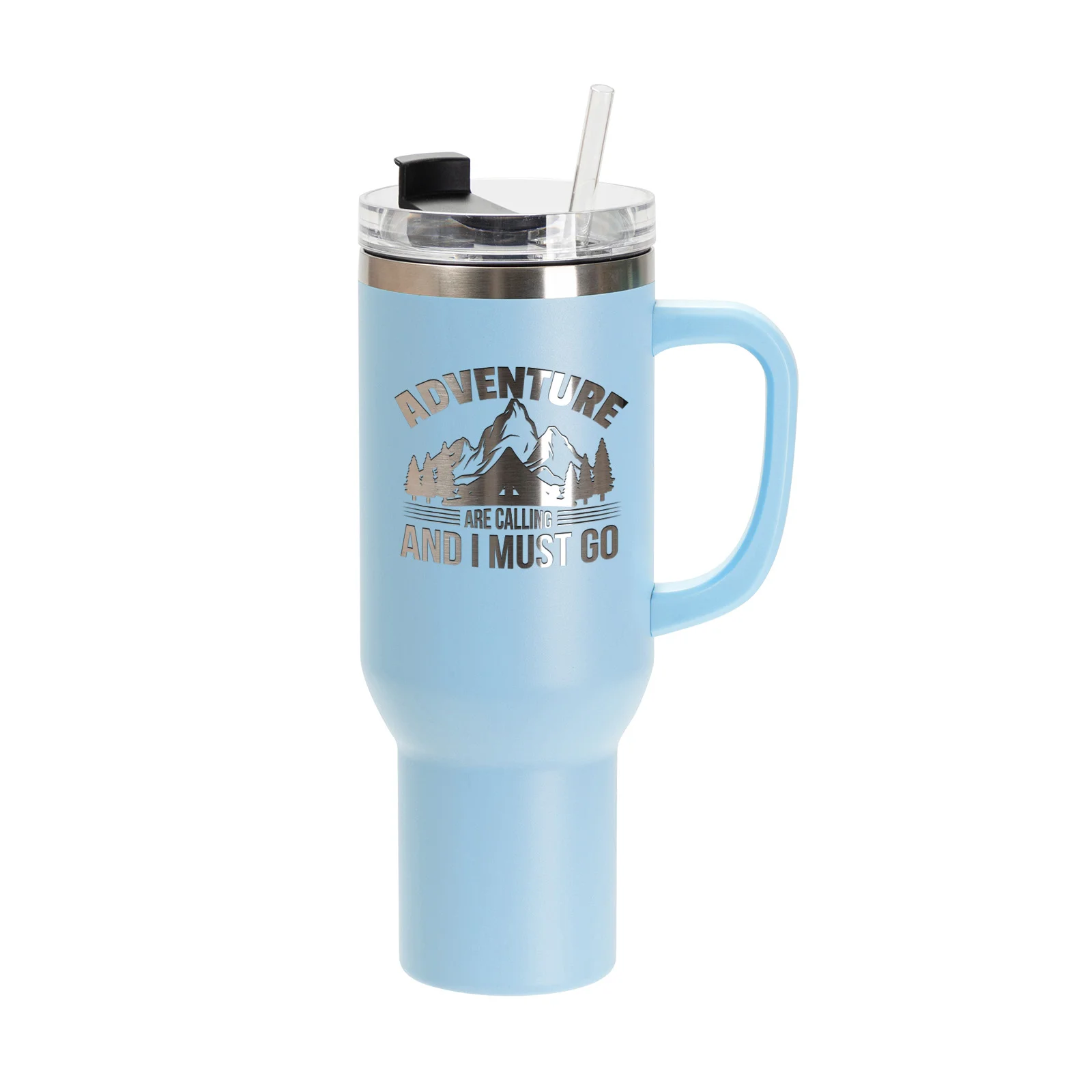 40oz/1200ml Powder Coated Stainless Steel Travel Tumbler with Lid & Straw (Light Blue)