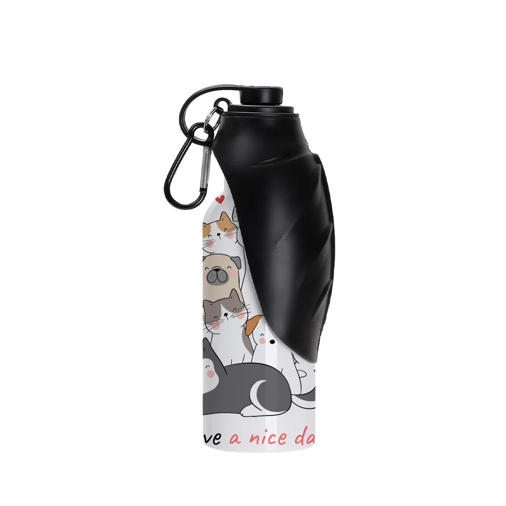 20OZ 600ml White Stainless Steel Pet Travel Bottle with Black Silicon Dispenser & Carabiner
