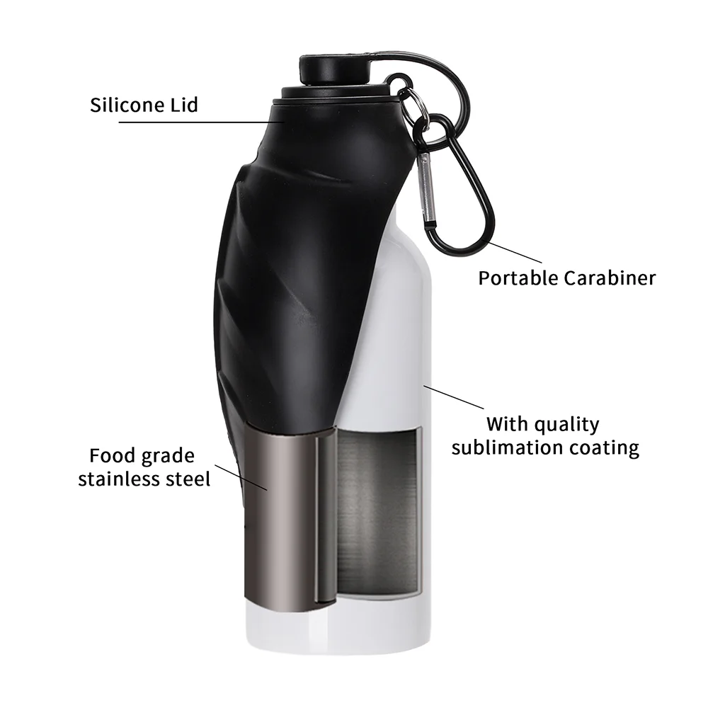 20OZ 600ml White Stainless Steel Pet Travel Bottle with Black Silicon Dispenser & Carabiner thumbnail 9