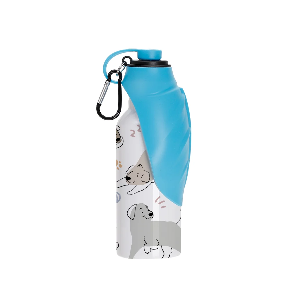 20OZ 600ml White Stainless Steel Pet Travel Bottle with Light Blue Silicon Dispenser & Carabiner